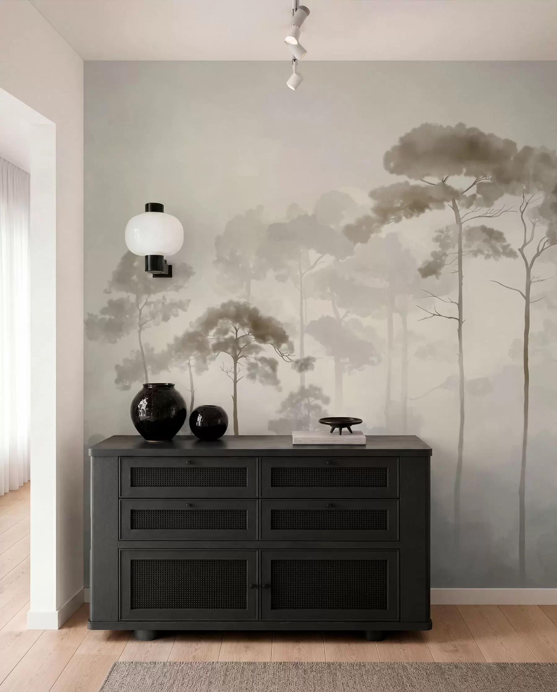 wall murals light silhouettes of pine trees in watercolour style w04634
