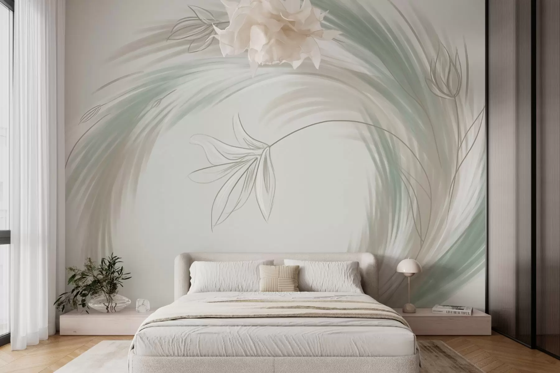 wall murals green and beige feathers and flowers, hand-painted w04816