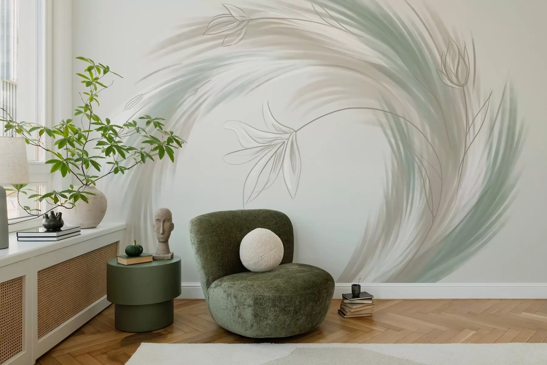 wall murals green and beige feathers and flowers, hand-painted w04816