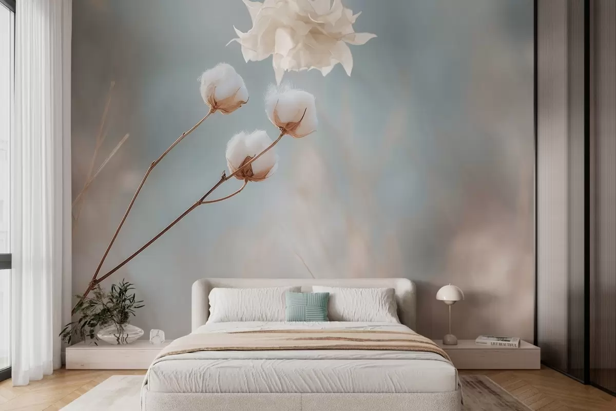 wall murals three cotton flowers on a blurred background w04820