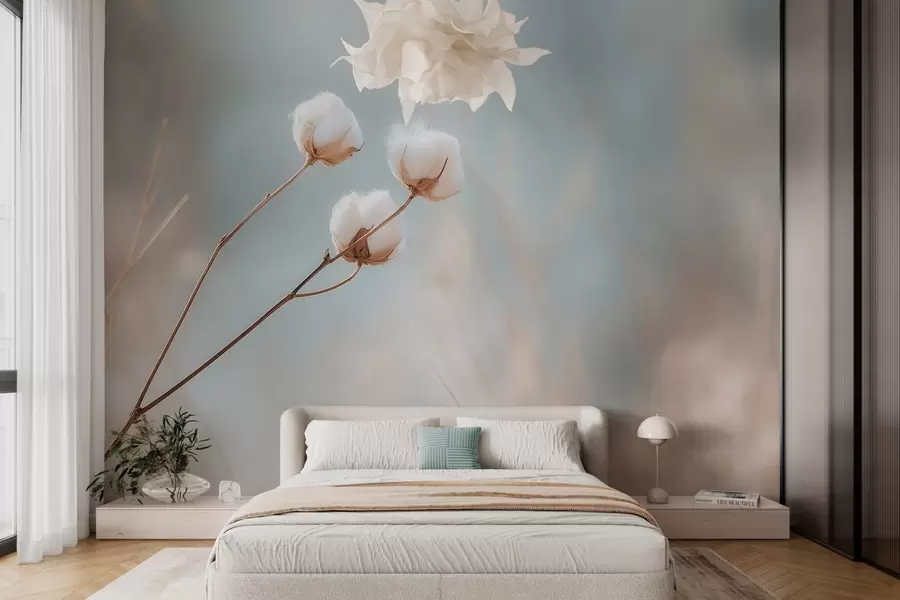 wall murals three cotton flowers on a blurred background w04820