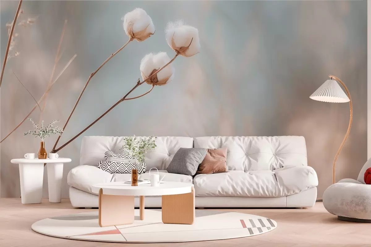 wall murals three cotton flowers on a blurred background w04820