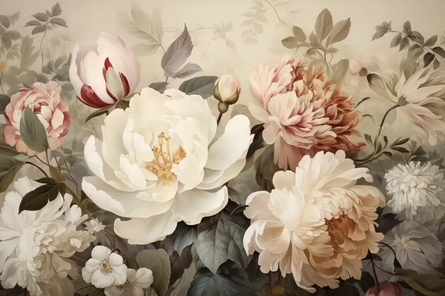 wall murals Gentle peonies and chrysanthemums in pastel shades w09350
