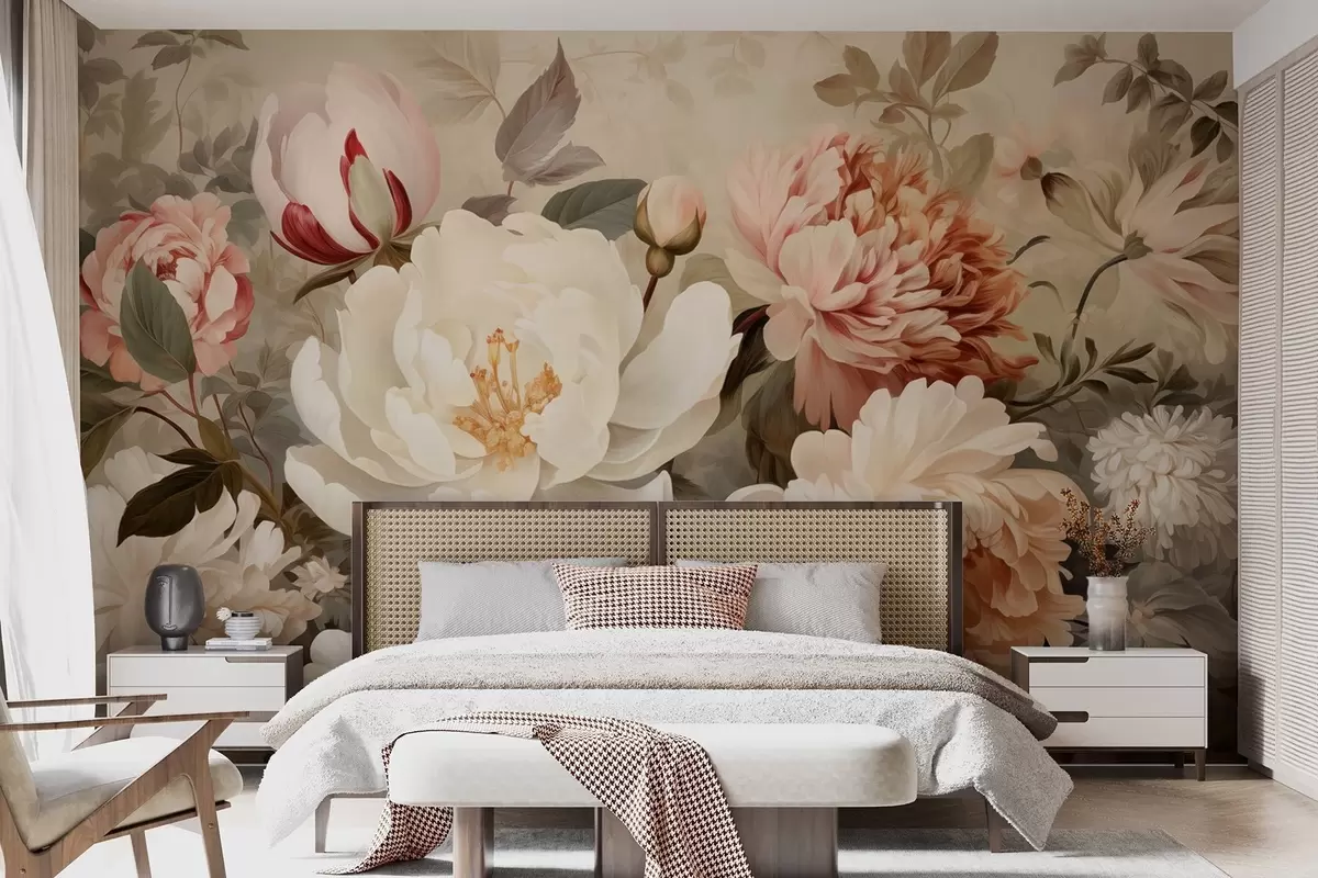 wall murals Gentle peonies and chrysanthemums in pastel shades w09350