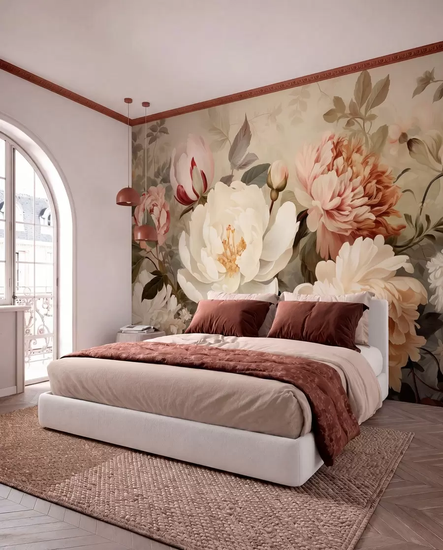 wall murals Gentle peonies and chrysanthemums in pastel shades w09350