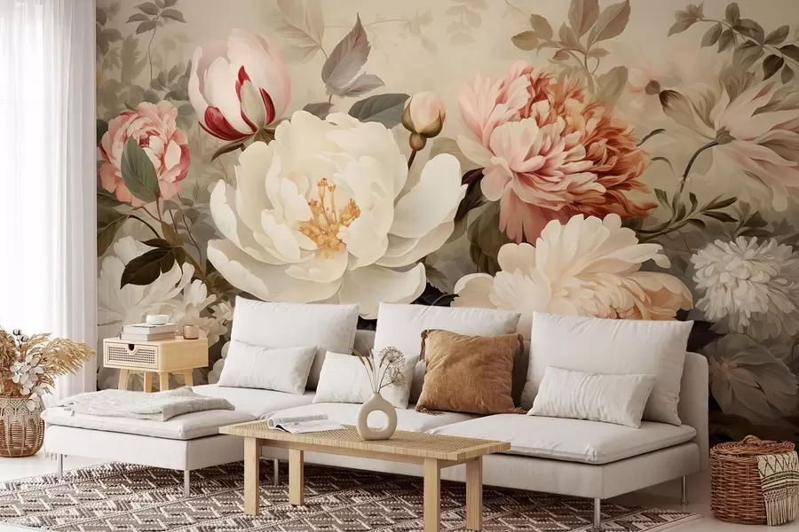 wall murals Gentle peonies and chrysanthemums in pastel shades w09350