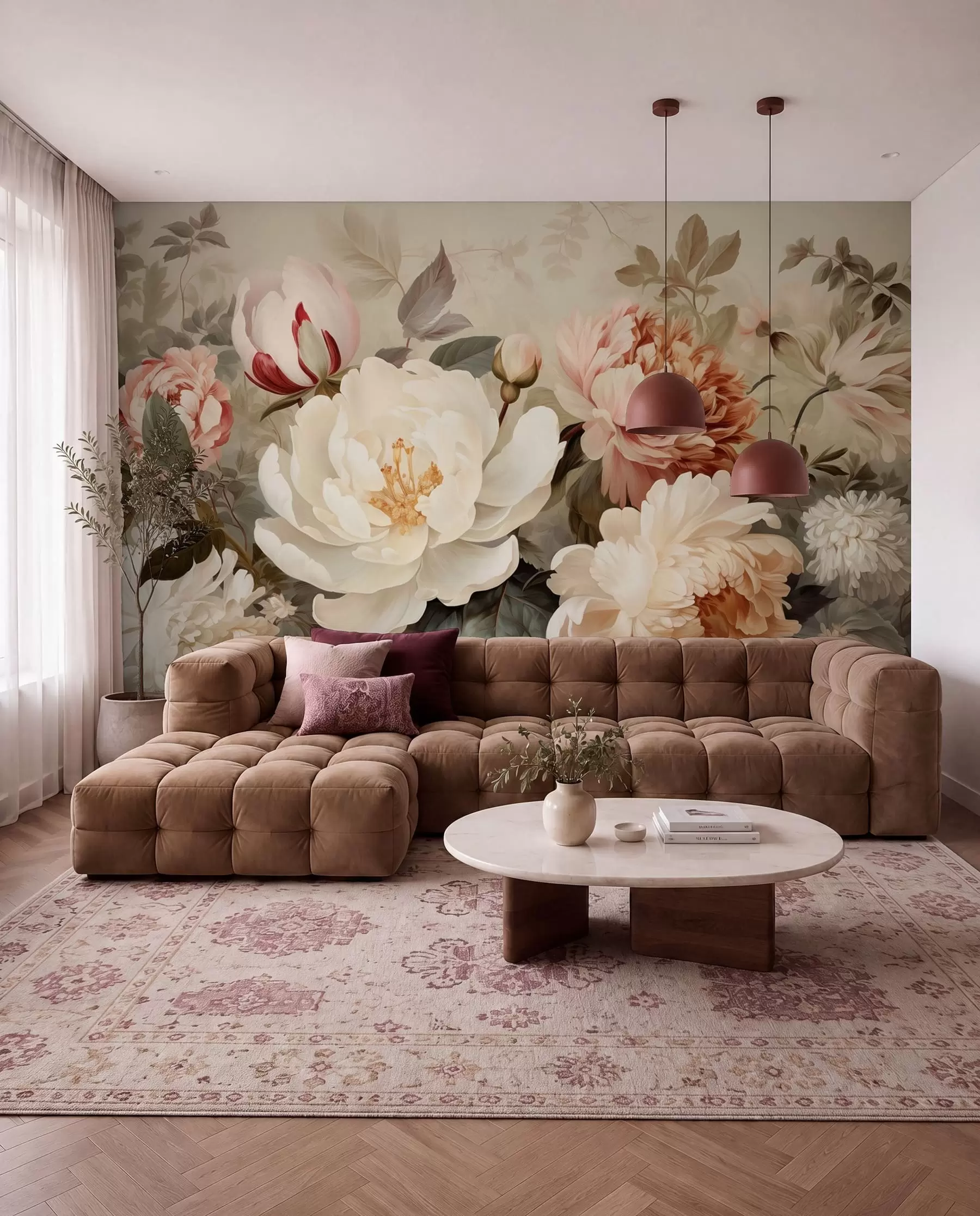 wall murals Gentle peonies and chrysanthemums in pastel shades w09350