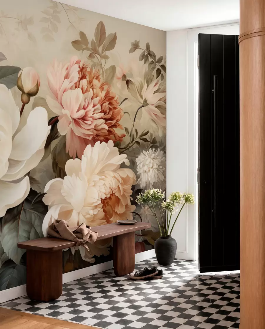 wall murals Gentle peonies and chrysanthemums in pastel shades w09350