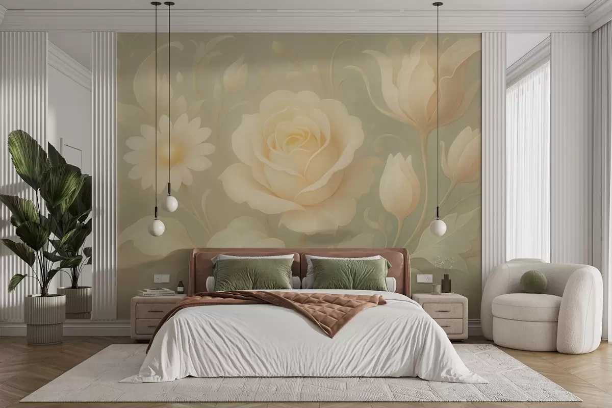 wall murals Delicate vintage composition with beige roses on a light green background w09499