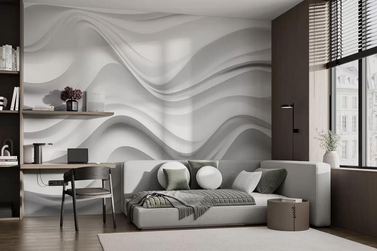 wall murals Black-and-white abstract 3D composition with smooth waves w09506