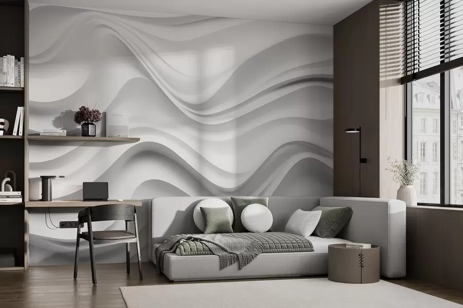 wall murals Black-and-white abstract 3D composition with smooth waves w09506
