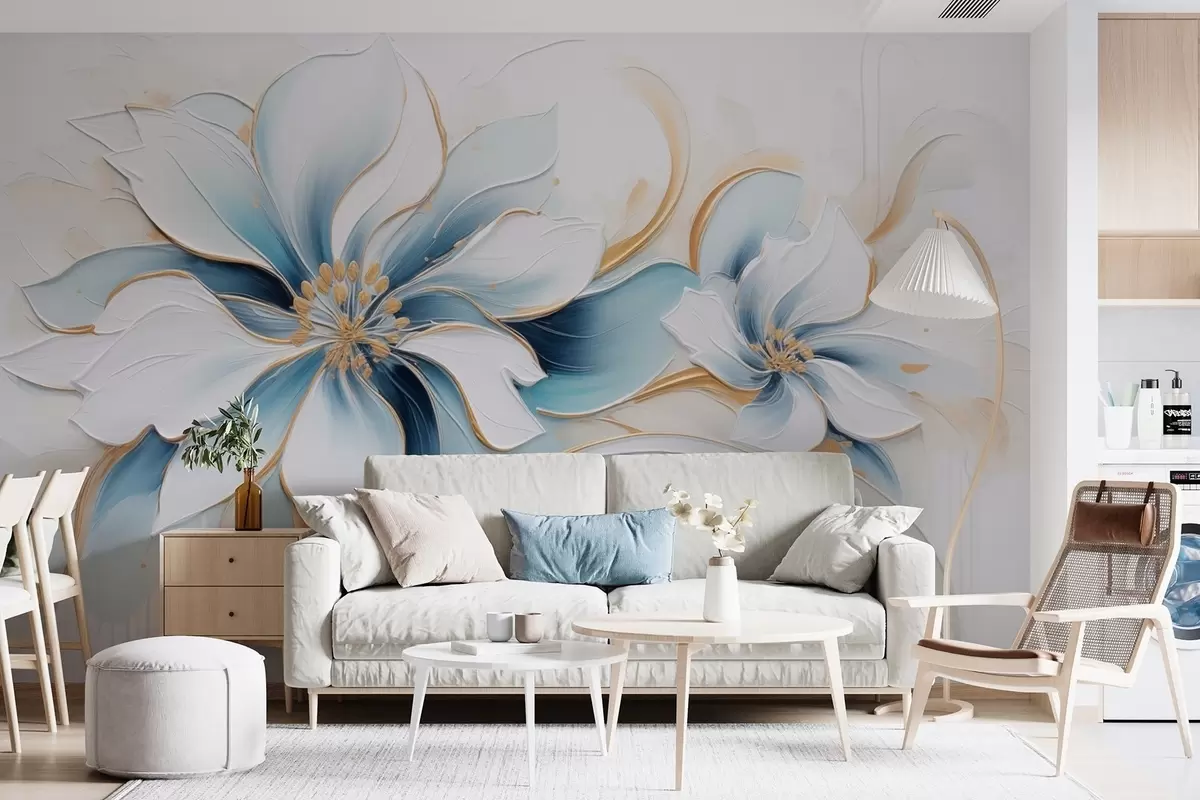 wall murals Painterly abstraction with blue flowers in oil painting style w09524
