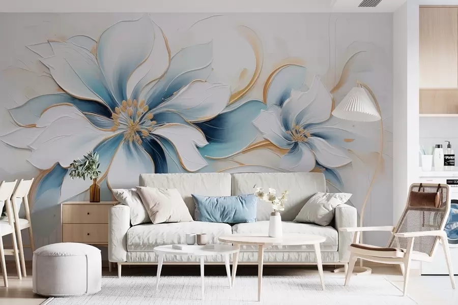 wall murals Painterly abstraction with blue flowers in oil painting style w09524
