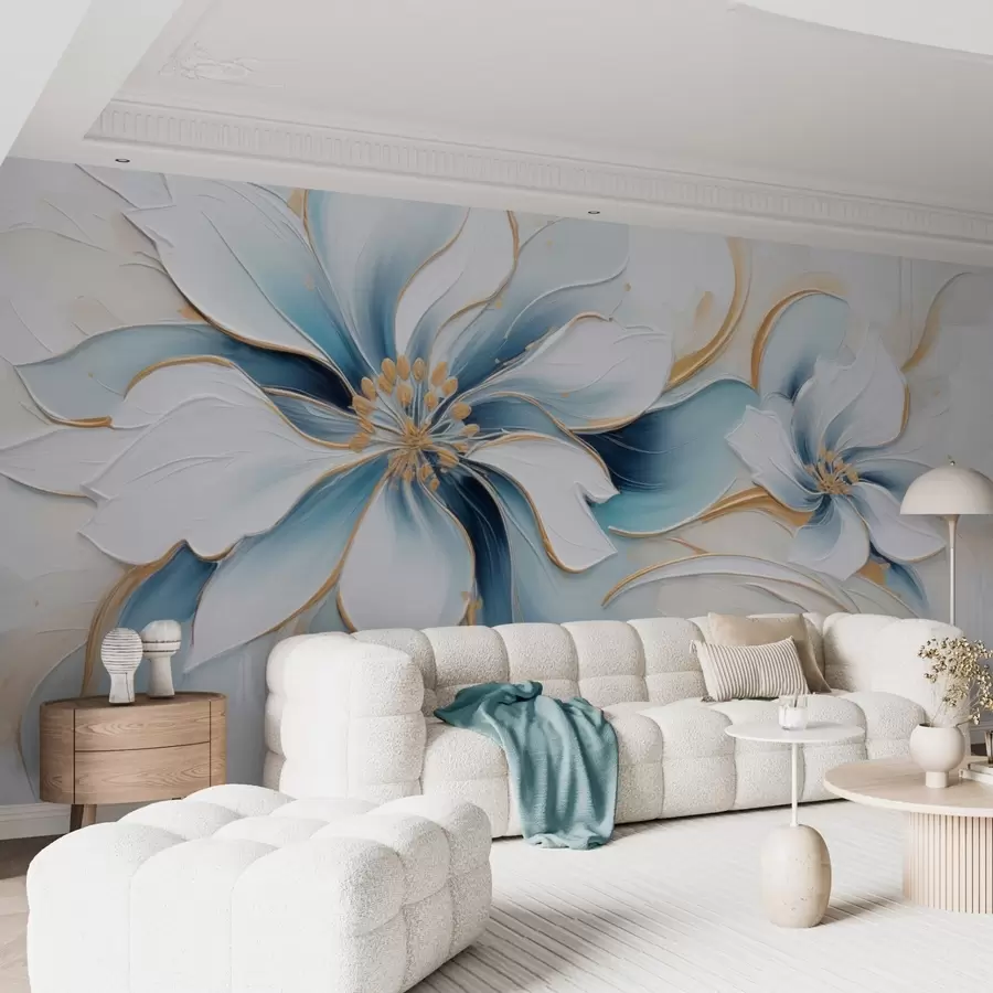 wall murals Painterly abstraction with blue flowers in oil painting style w09524