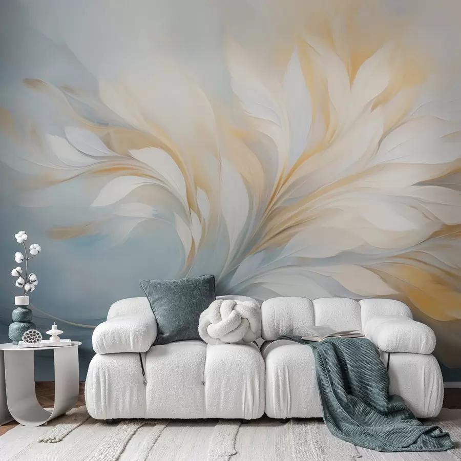 wall murals Abstract composition of smooth feather-like forms in yellow and blue tones w09525