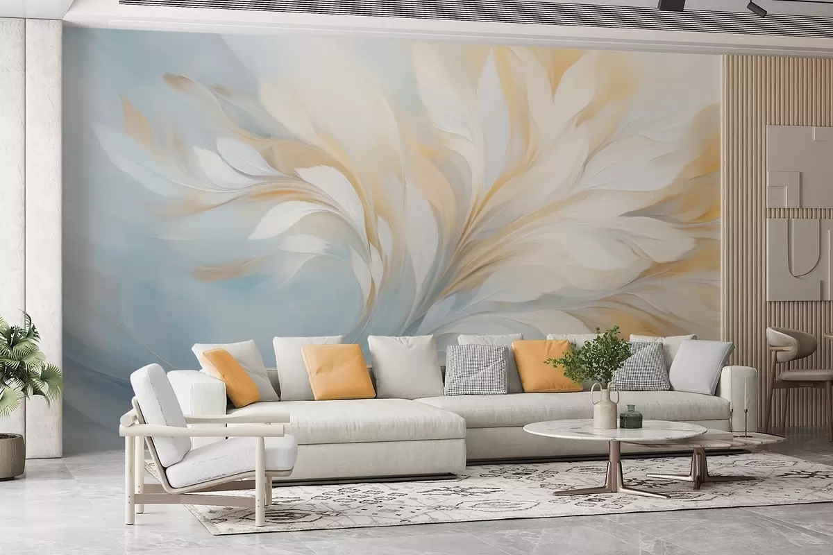 wall murals Abstract composition of smooth feather-like forms in yellow and blue tones w09525