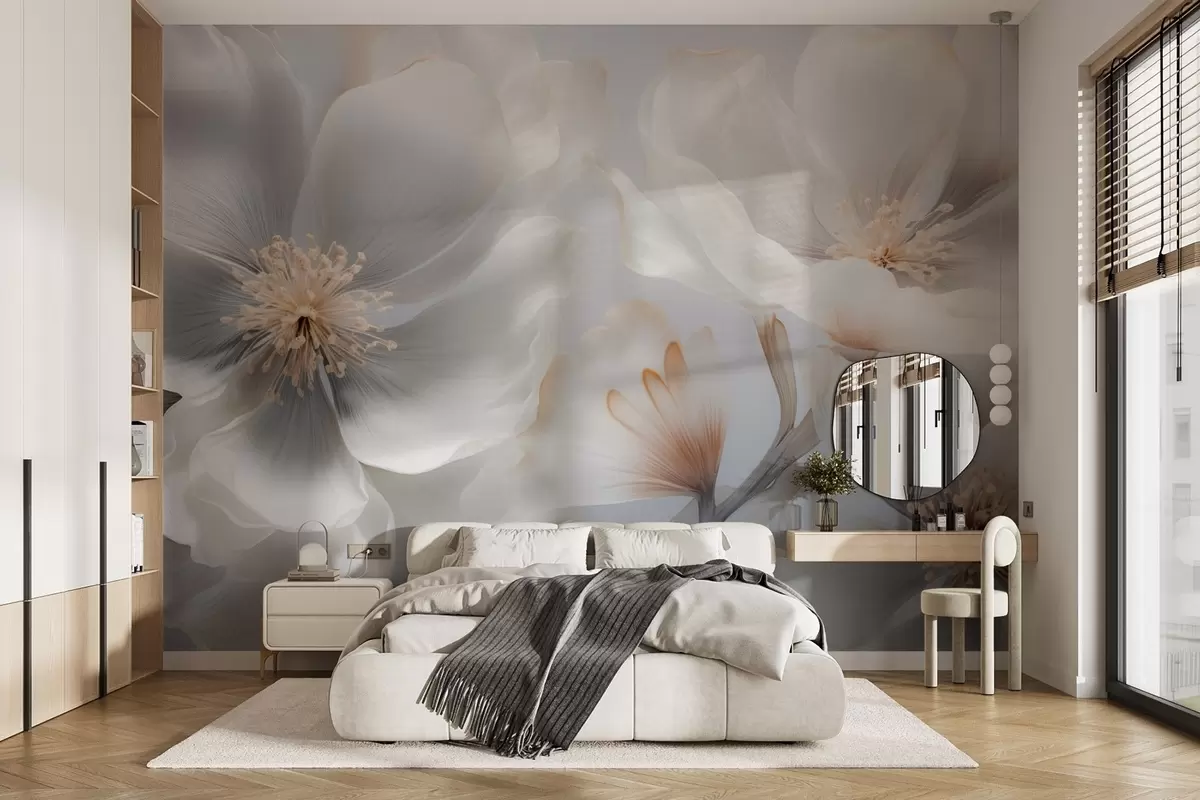 wall murals Pearlescent flowers in beige-gray and milky-cream hues w09527