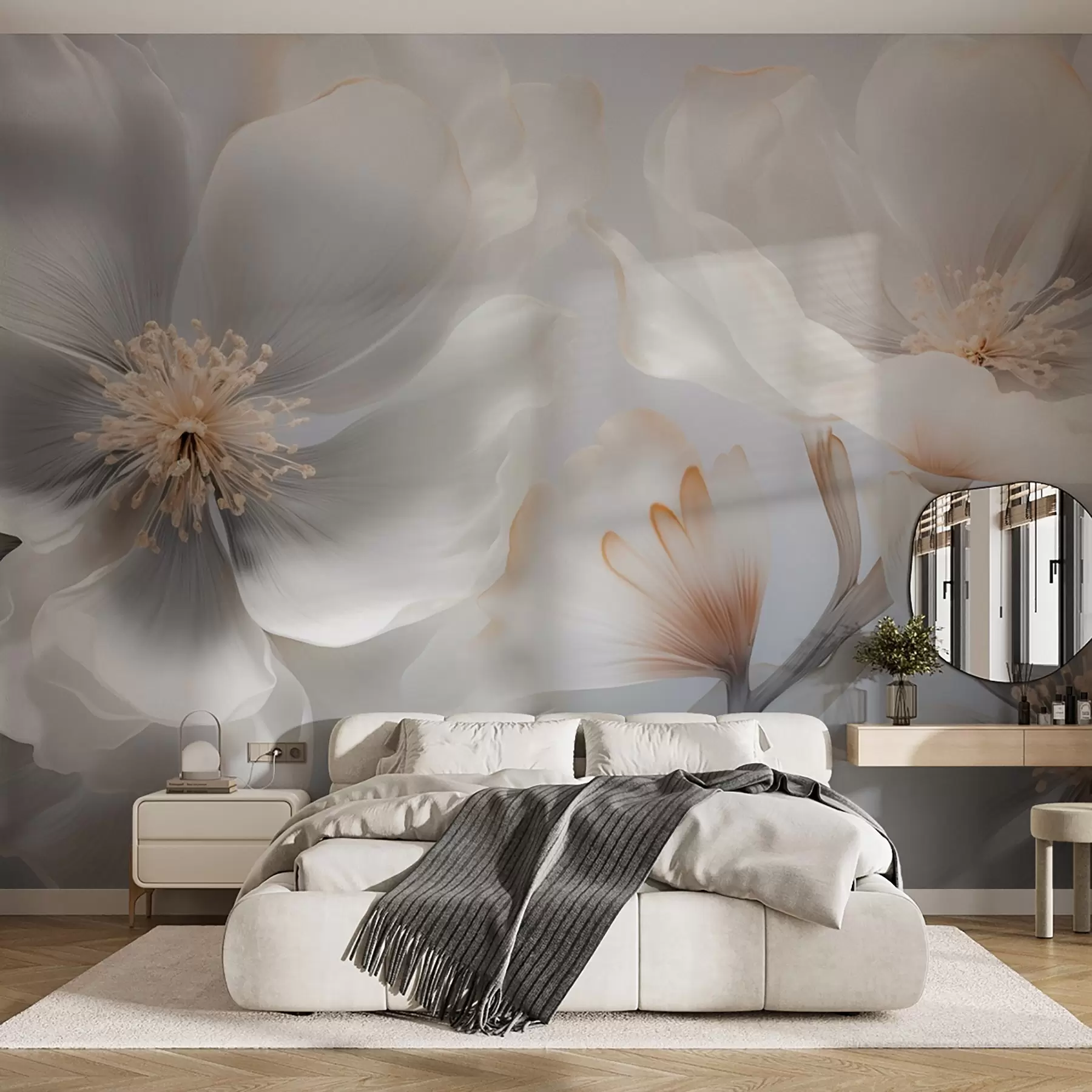 wall murals Pearlescent flowers in beige-gray and milky-cream hues w09527