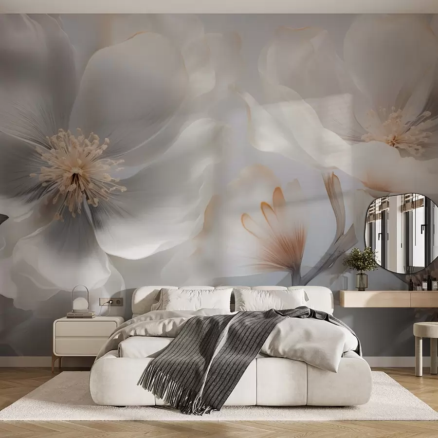 wall murals Pearlescent flowers in beige-gray and milky-cream hues w09527