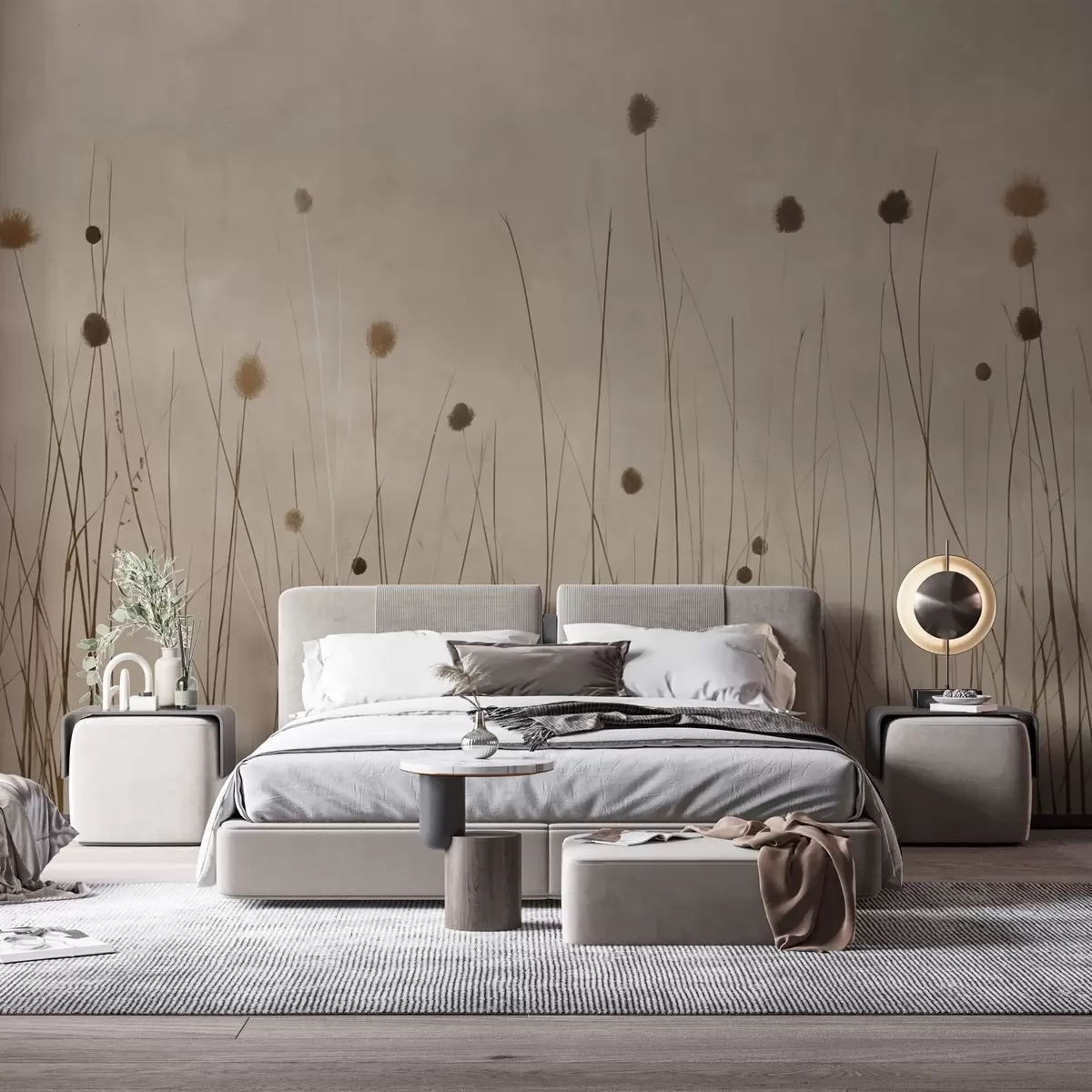 wall murals Thin grasses and fluffy seed heads on a warm beige background w04793