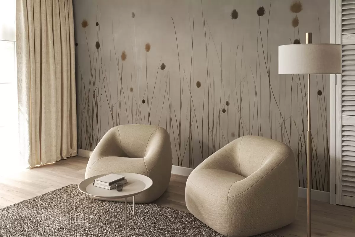 wall murals Thin grasses and fluffy seed heads on a warm beige background w04793