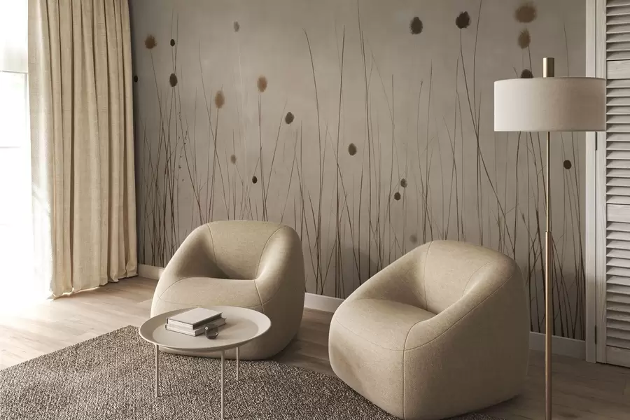 wall murals Thin grasses and fluffy seed heads on a warm beige background w04793