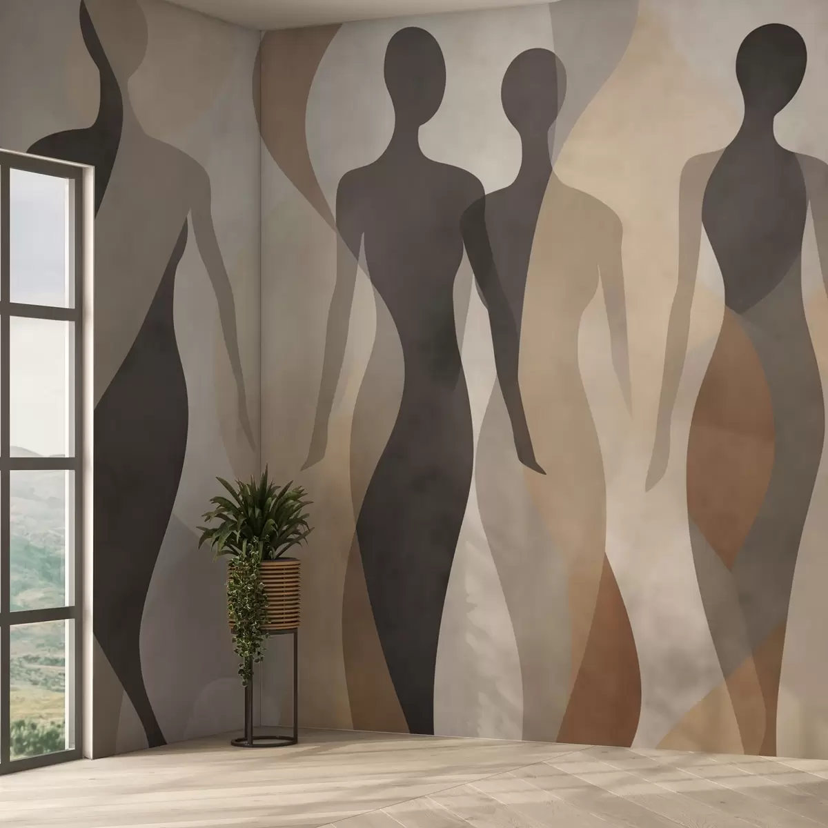 wall murals Silhouetted figures and soft waves in warm beige-gray tones w04787