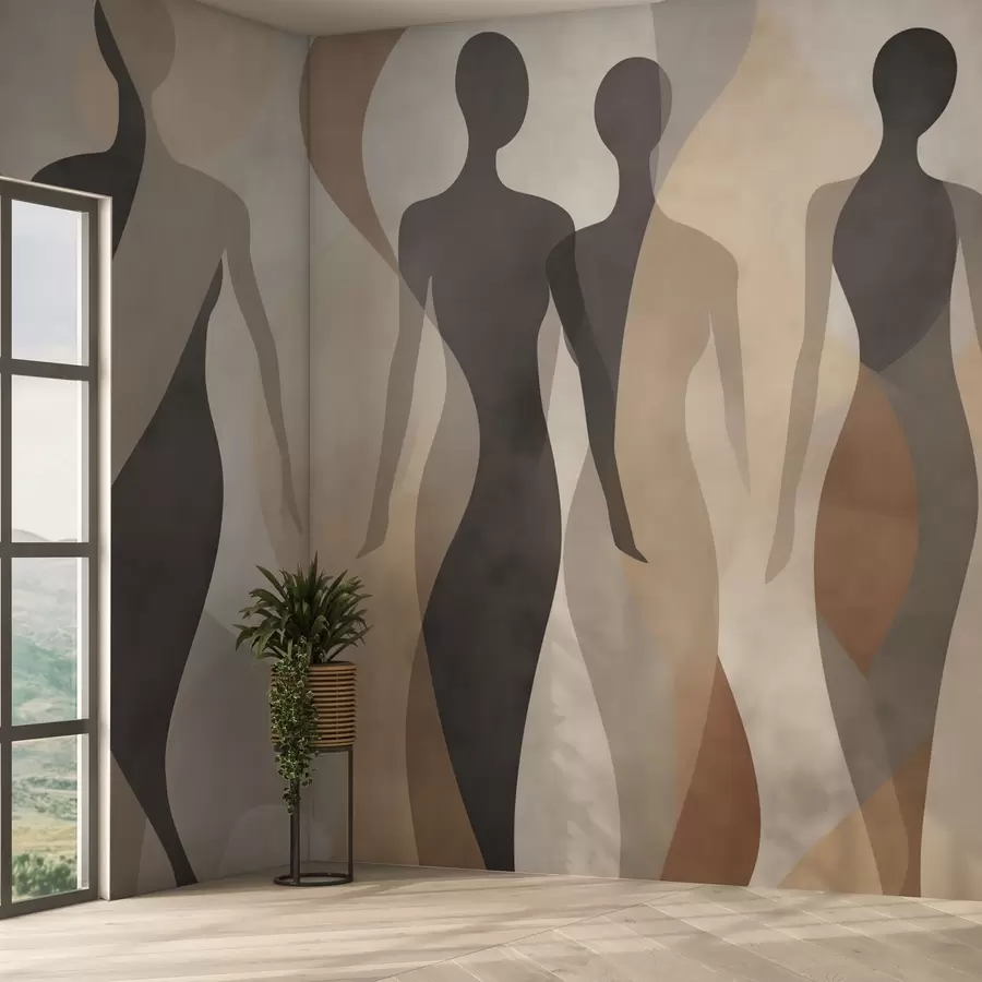wall murals Silhouetted figures and soft waves in warm beige-gray tones w04787