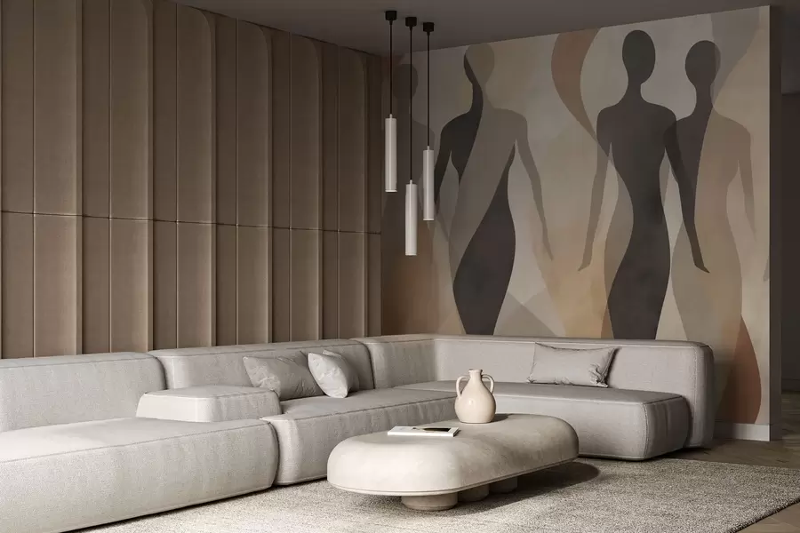 wall murals Silhouetted figures and soft waves in warm beige-gray tones w04787