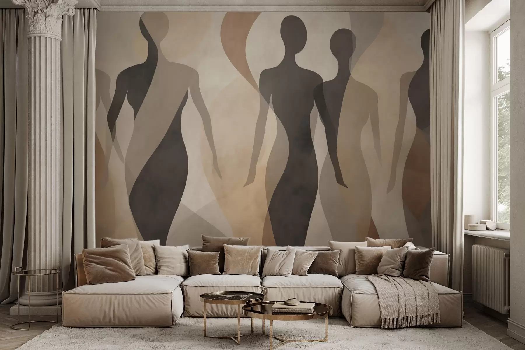 wall murals Silhouetted figures and soft waves in warm beige-gray tones w04787