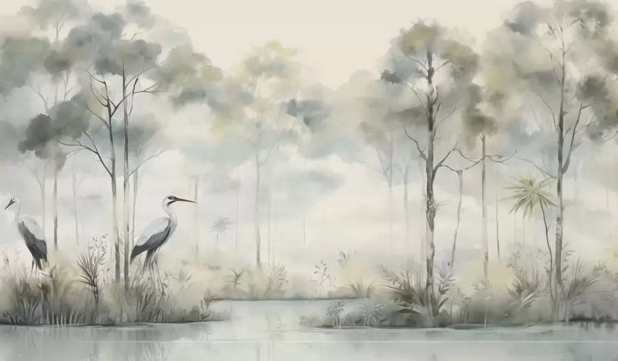 wall murals Misty forest by the water with herons, soft cool palette w04788