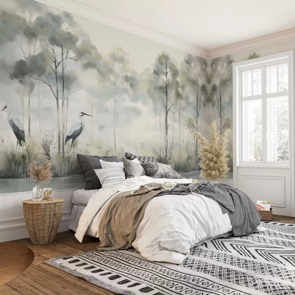 wall murals Misty forest by the water with herons, soft cool palette w04788