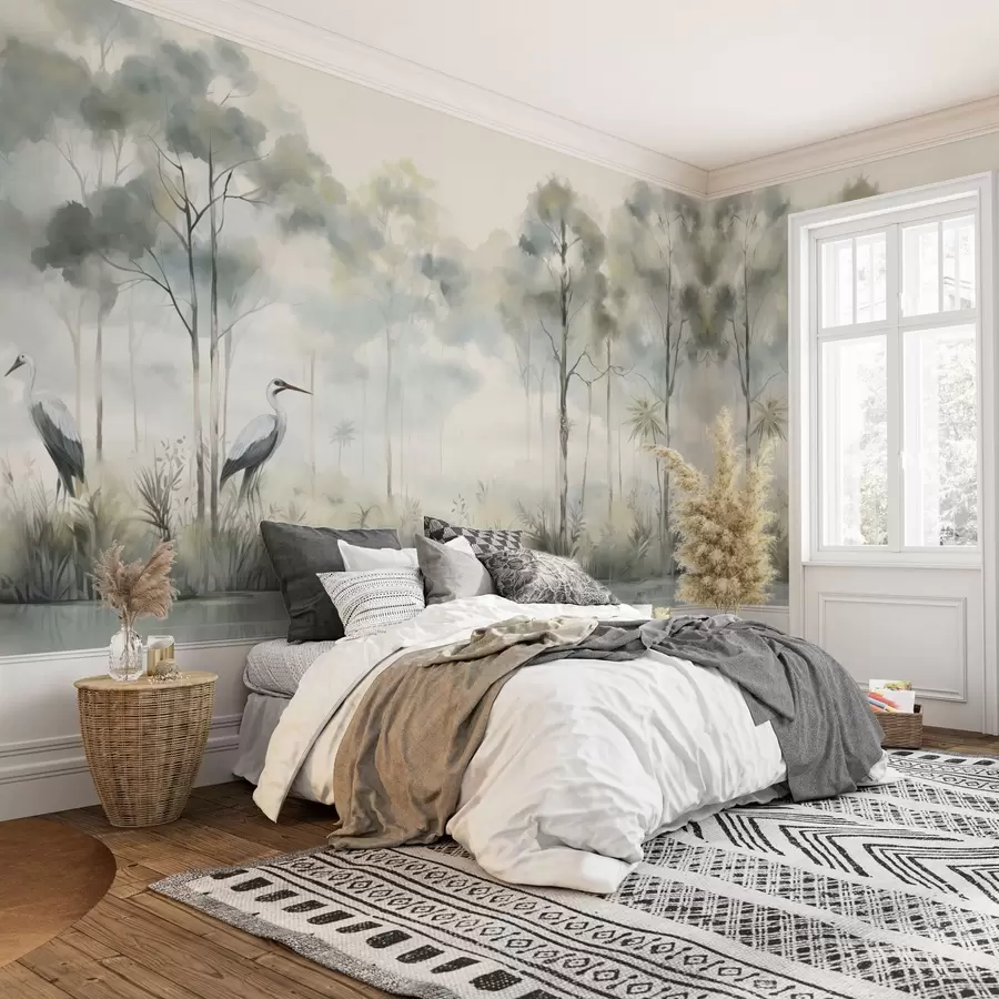 wall murals Misty forest by the water with herons, soft cool palette w04788