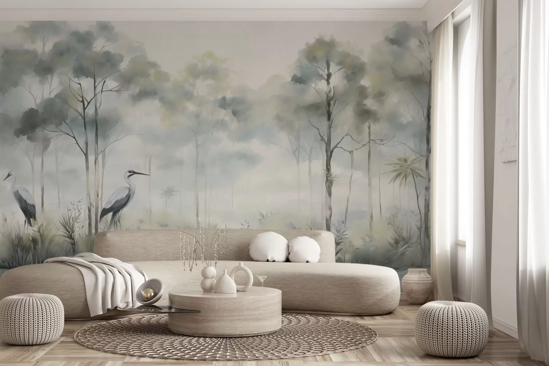 wall murals Misty forest by the water with herons, soft cool palette w04788