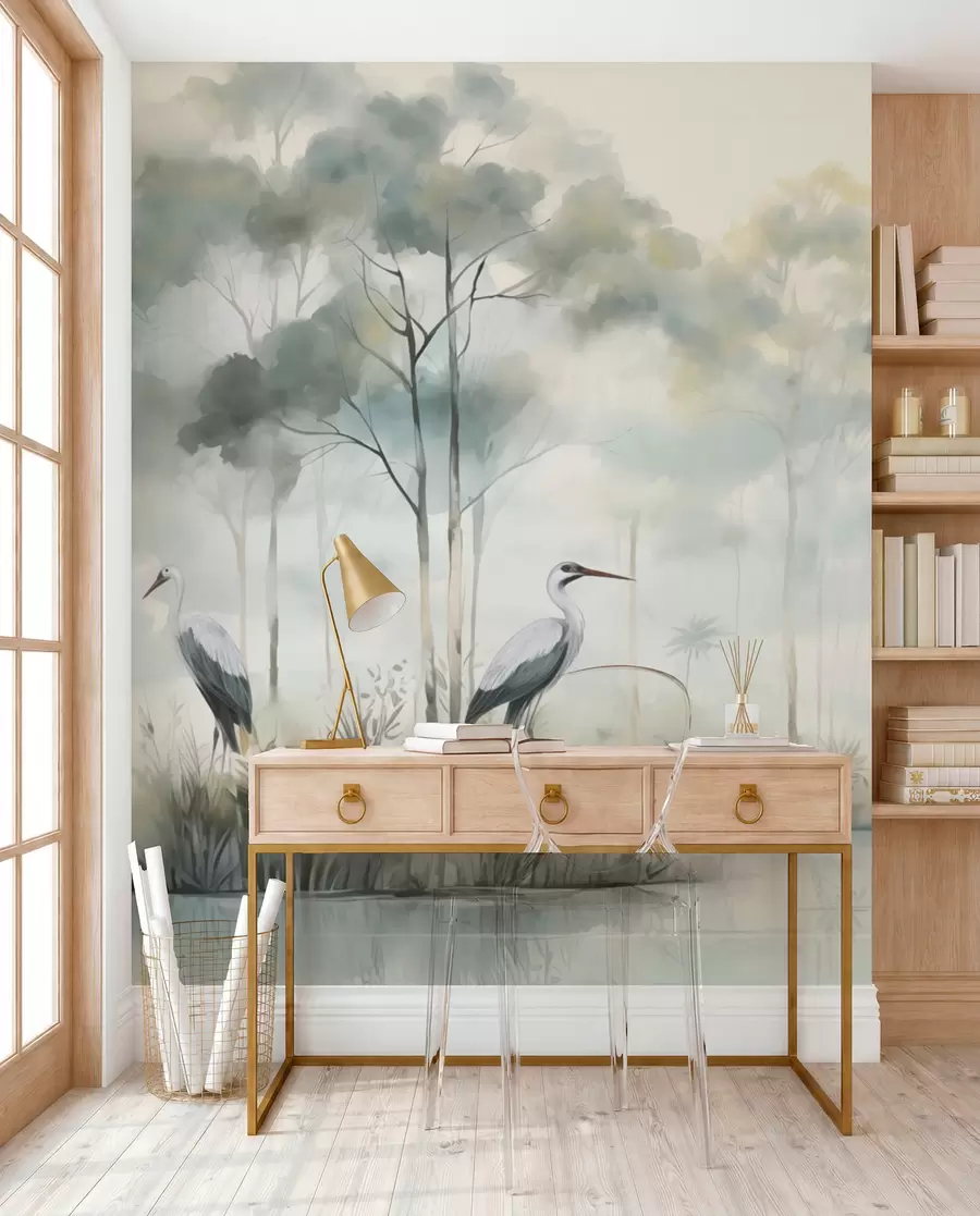 wall murals Misty forest by the water with herons, soft cool palette w04788