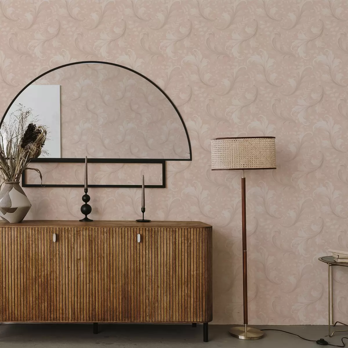 Wallpaper Acanthus scrolls on warm beige ground a00772