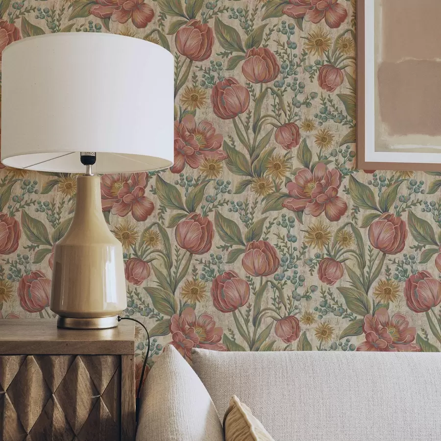 wall murals Vintage tulips and asters, textured cream ground a00773