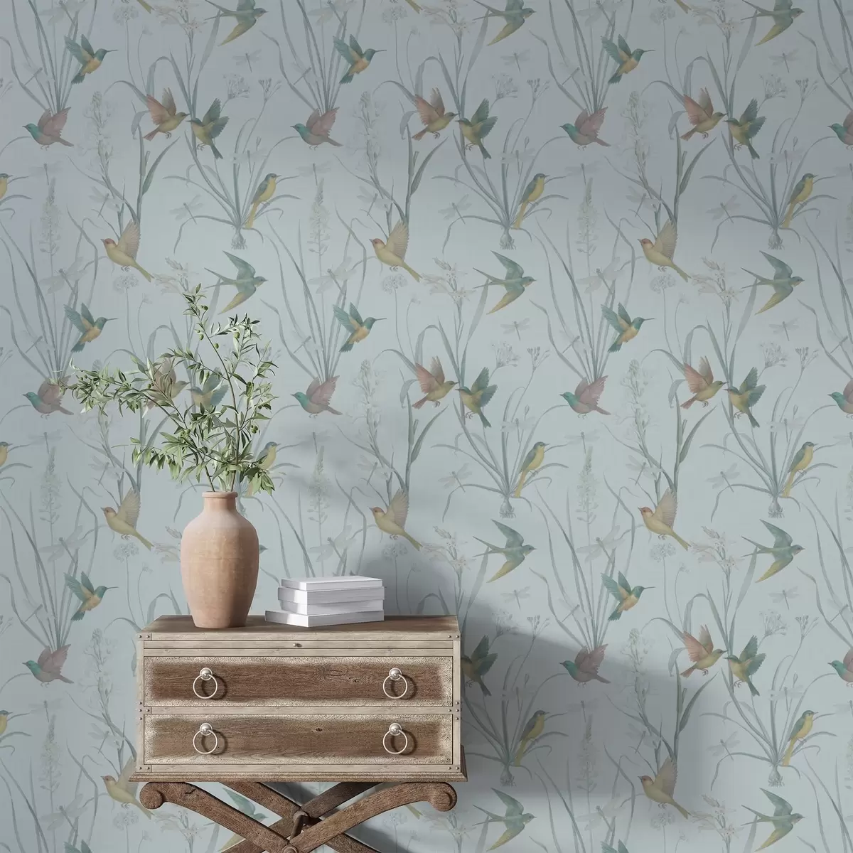 Wallpaper Birds among meadow grasses on gray-blue ground a00776