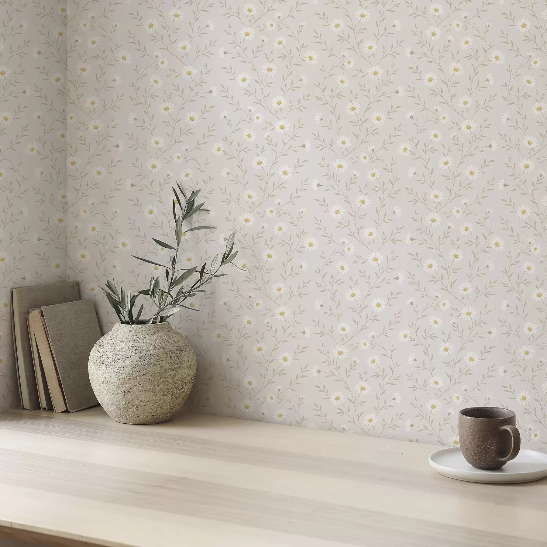 wall murals Tiny daisies on twigs, warm beige a00777
