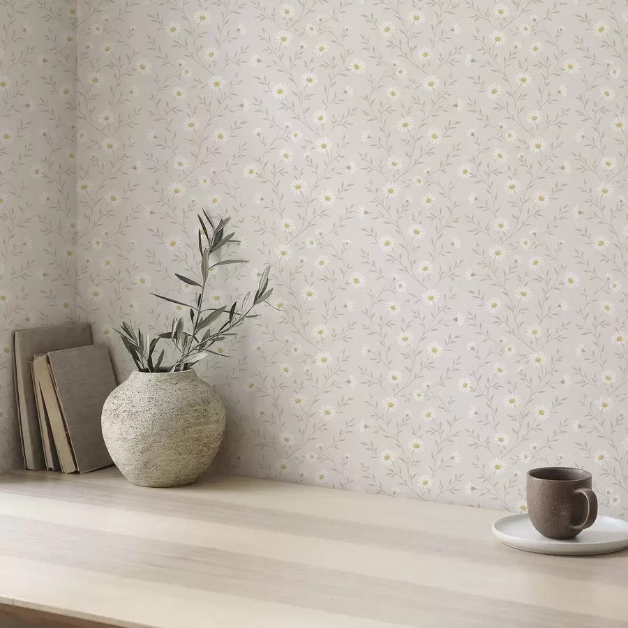 wall murals Tiny daisies on twigs, warm beige a00777