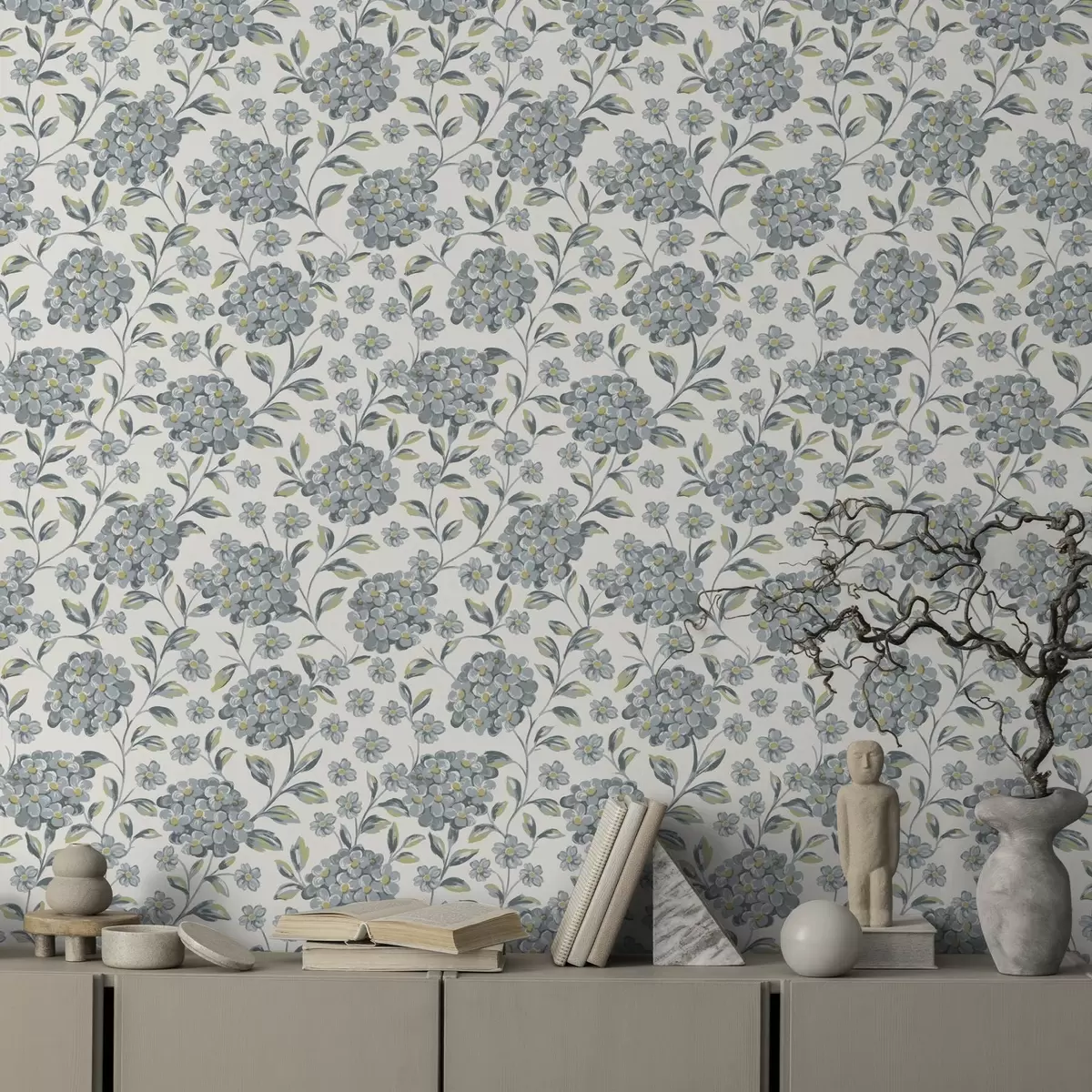 Wallpaper Brushy blossoms and leaves in a gray-blue palette a00778