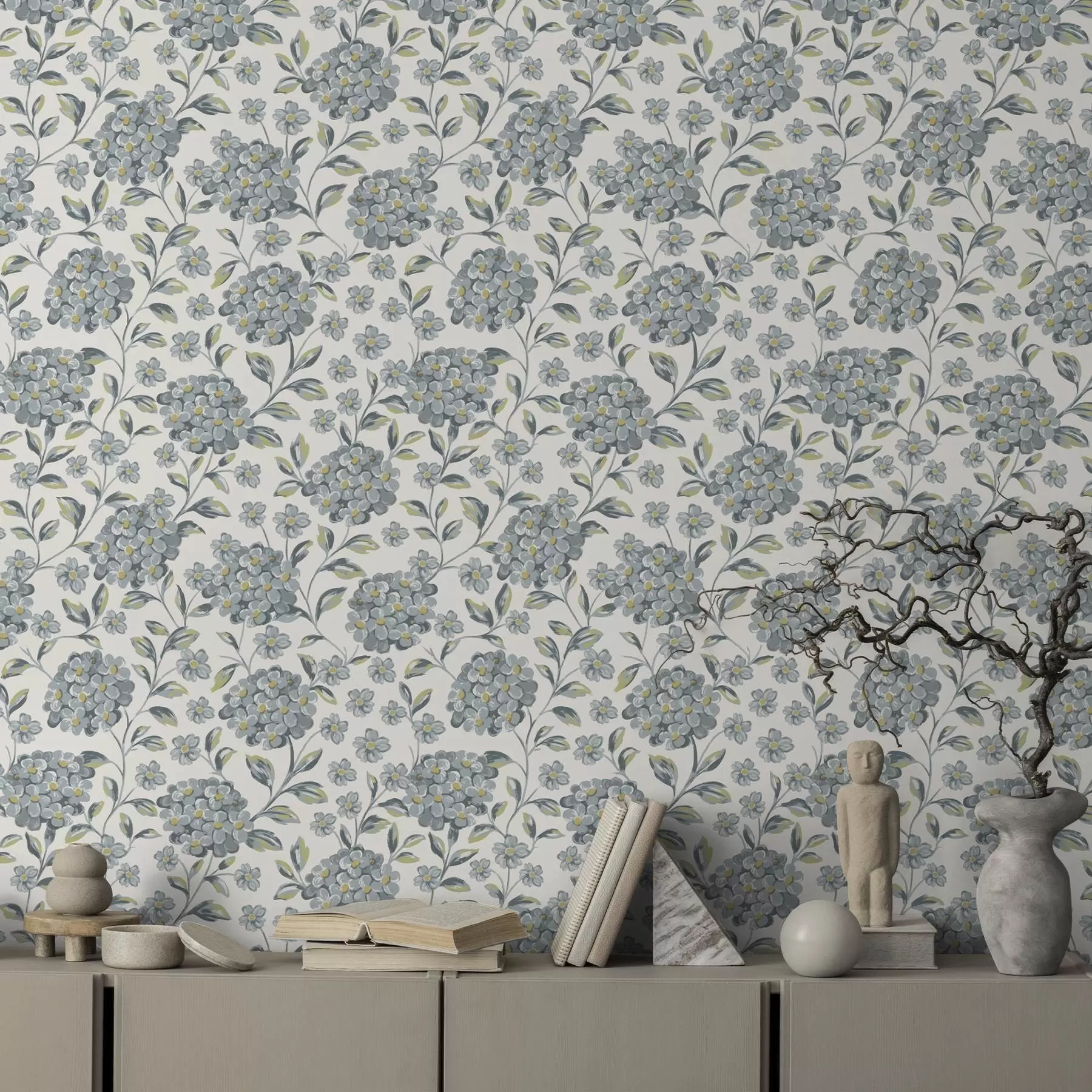 wall murals Brushy blossoms and leaves in a gray-blue palette a00778