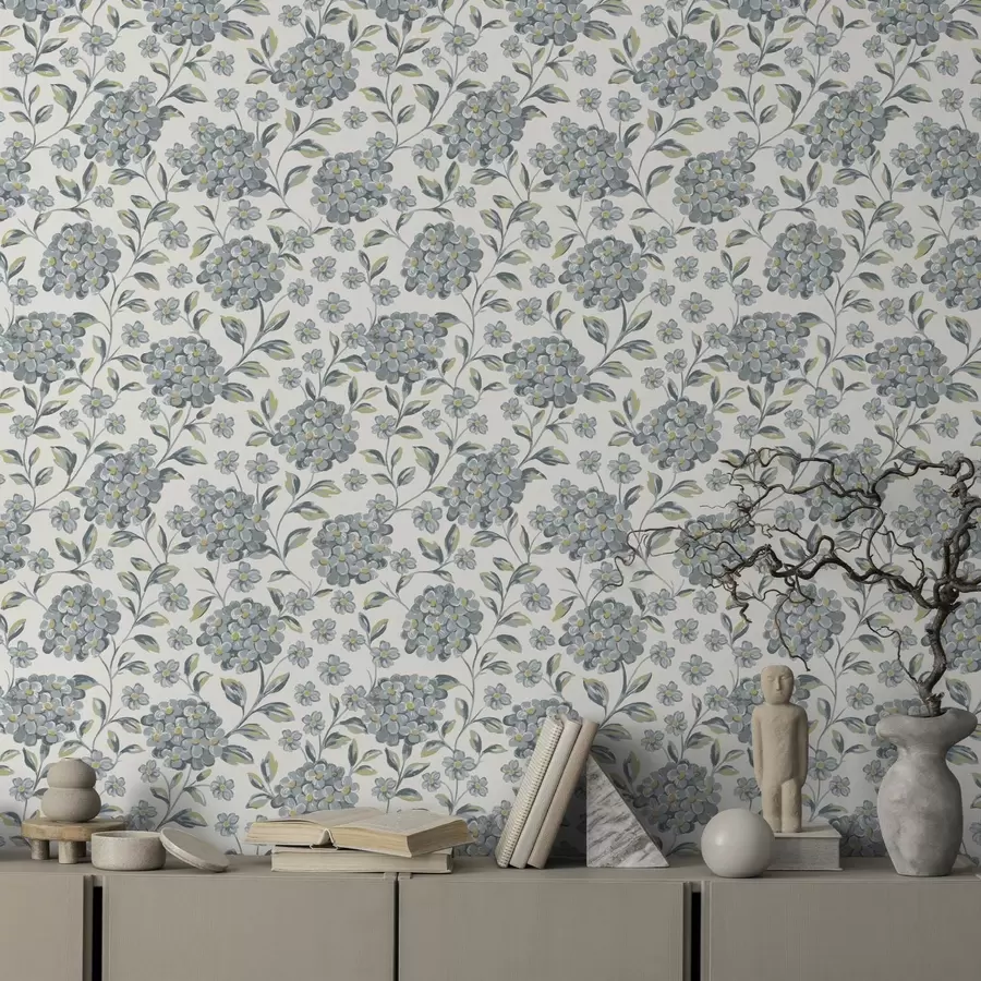 wall murals Brushy blossoms and leaves in a gray-blue palette a00778