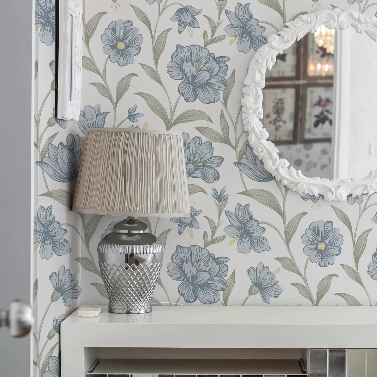 Wallpaper Dusty blue flowers with olive leaves on white a00780