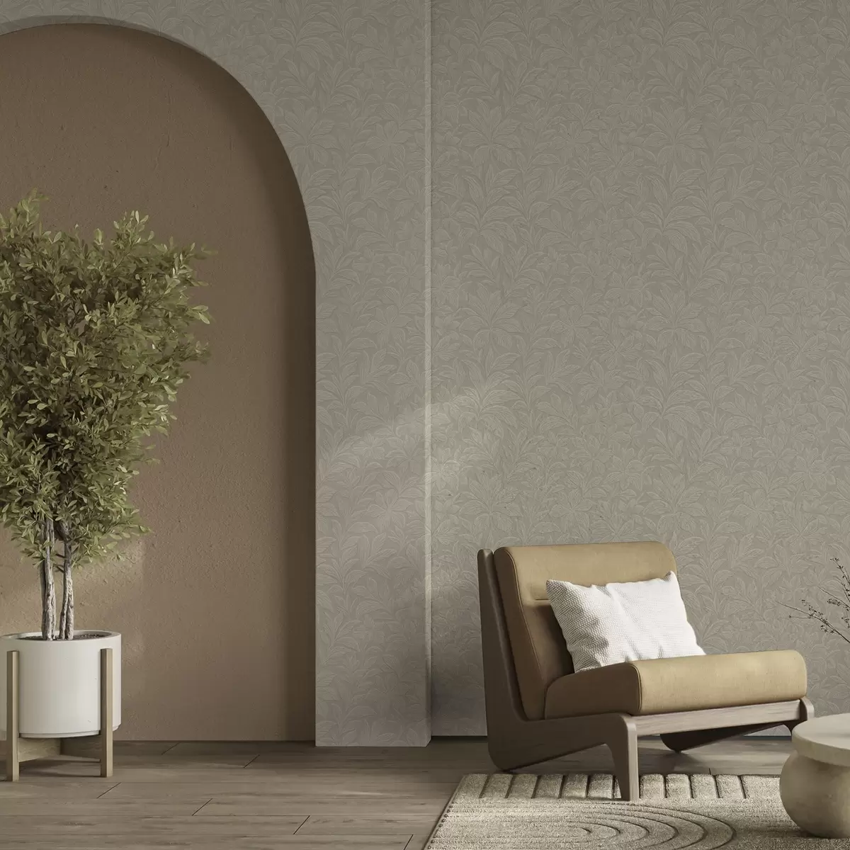 Wallpaper Embossed leaf silhouettes, warm taupe a00781