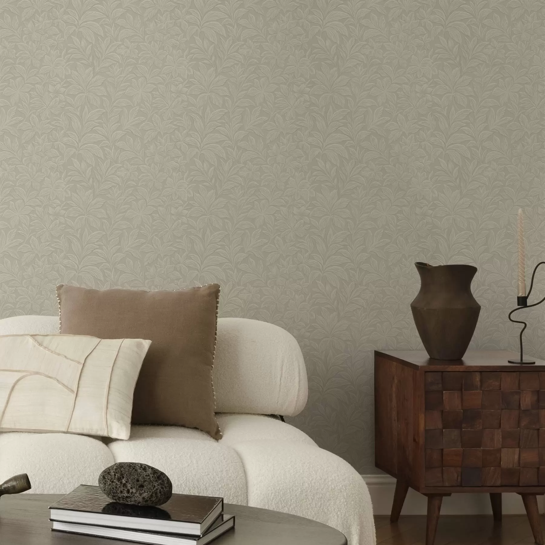 wall murals Embossed leaf silhouettes, warm taupe a00781