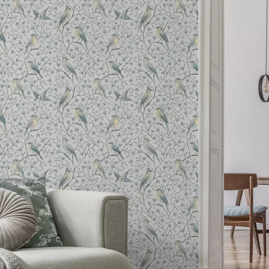 wall murals Birds on branches, gray-blue scheme a00782