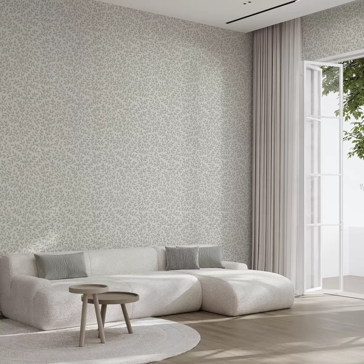 Wallpaper Branches with leaves and berries, light cream and sage a00783