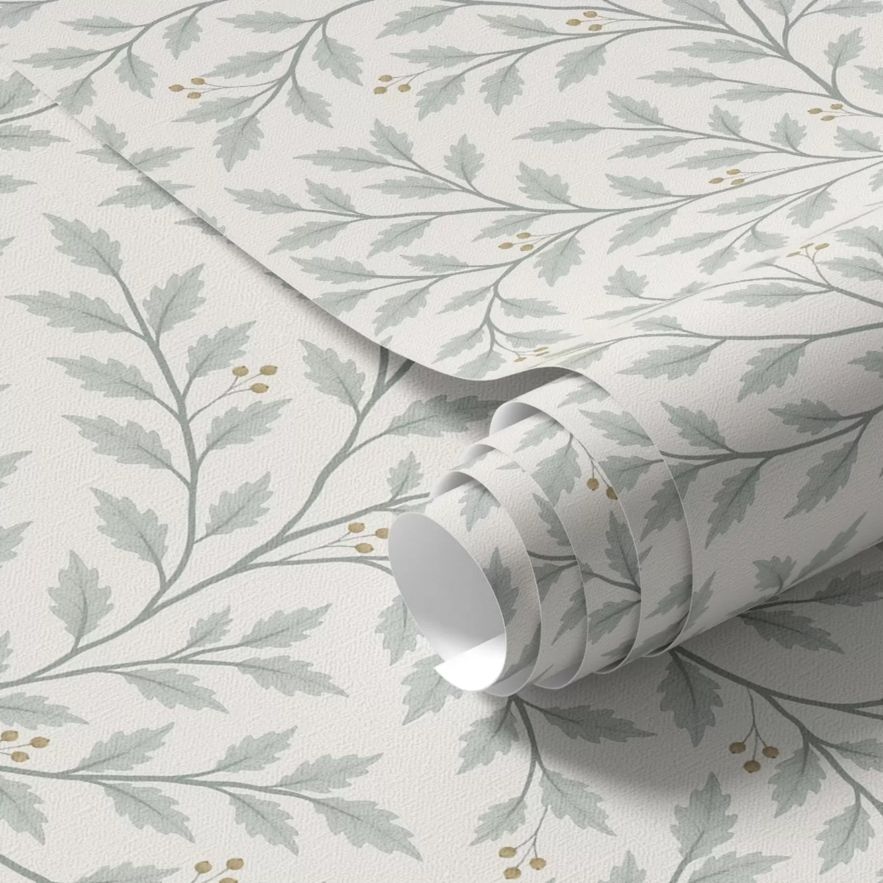 wall murals Branches with leaves and berries, light cream and sage a00783