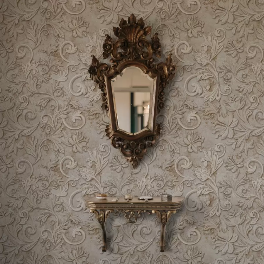 wall murals Stone relief with floral scrolls, vintage beige a00784